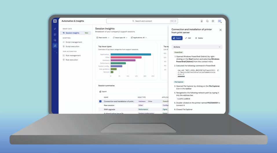 TeamViewer 세션 인사이트 화면 — 이슈 유형별 분포와 세션 요약이 정리된 대시보드