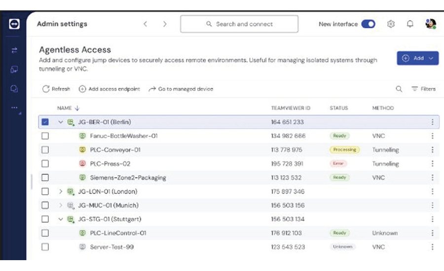 TeamViewer Tensor 관리 화면 — 클라이언트 설치 없이 PLC·HMI 등 산업 장비에 접속하는 에이전트리스 액세스 설정